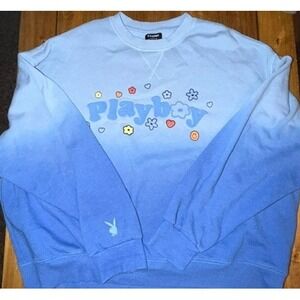 Playboy by PacSun Womens Blue Ombre Graphic Pullover Sweatshirt Large Flower Y2K